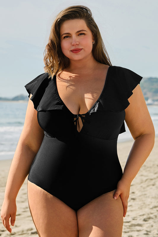 Black Ruffled Sleeve Lace-up V Neck Plus Size One Piece Swimsuit