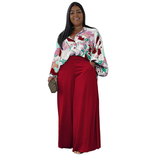 Loose large size casual printed shirt top wide leg pants