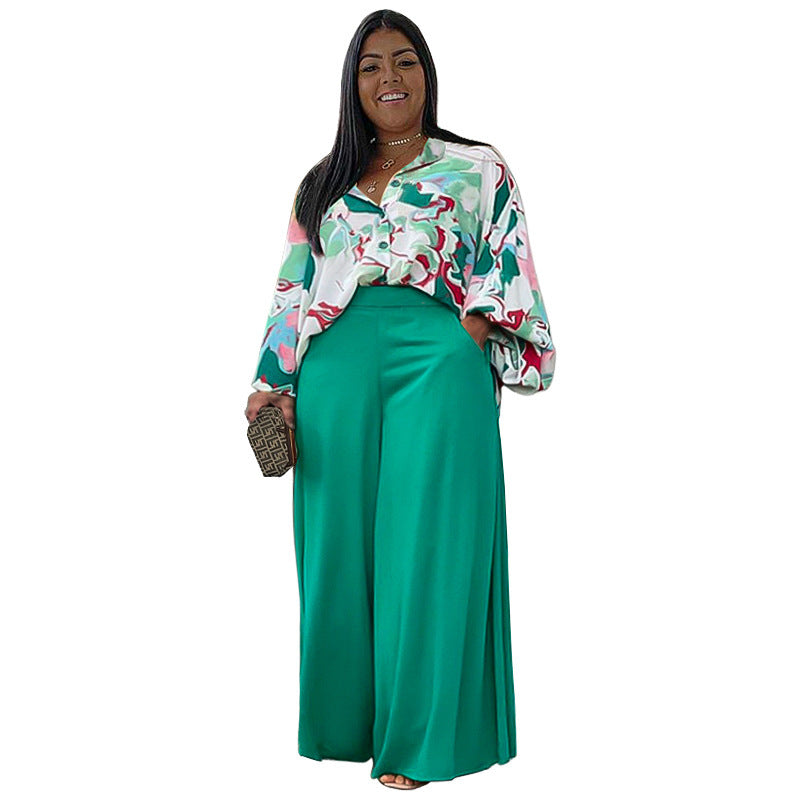 Loose large size casual printed shirt top wide leg pants