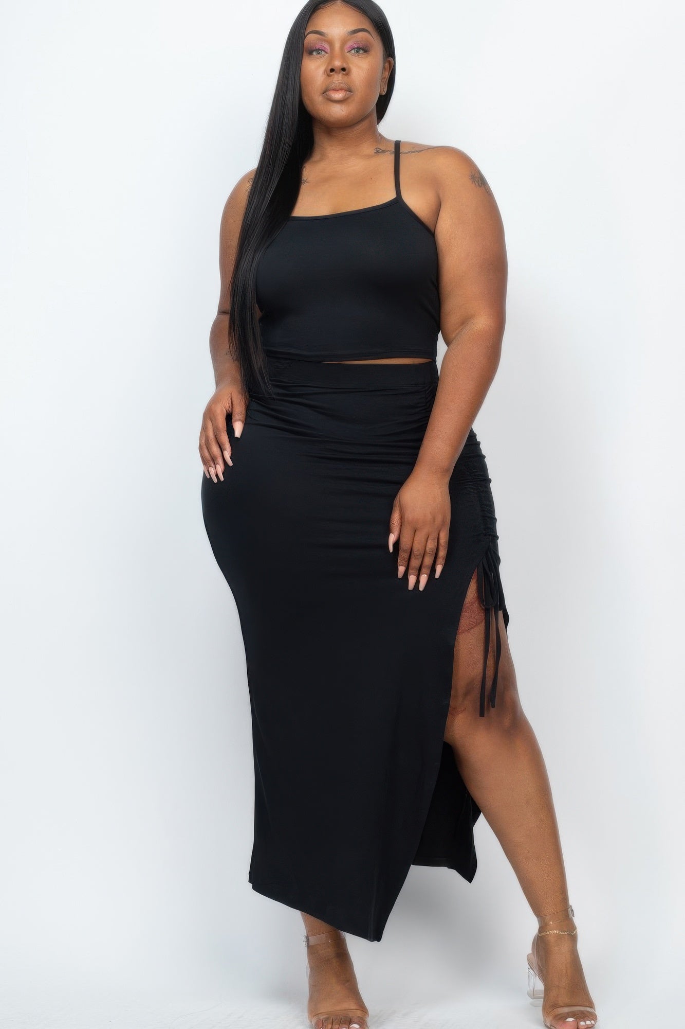 Plus Size Cami Crop Top & Ruched Side Split Hem Midi Skirt Set