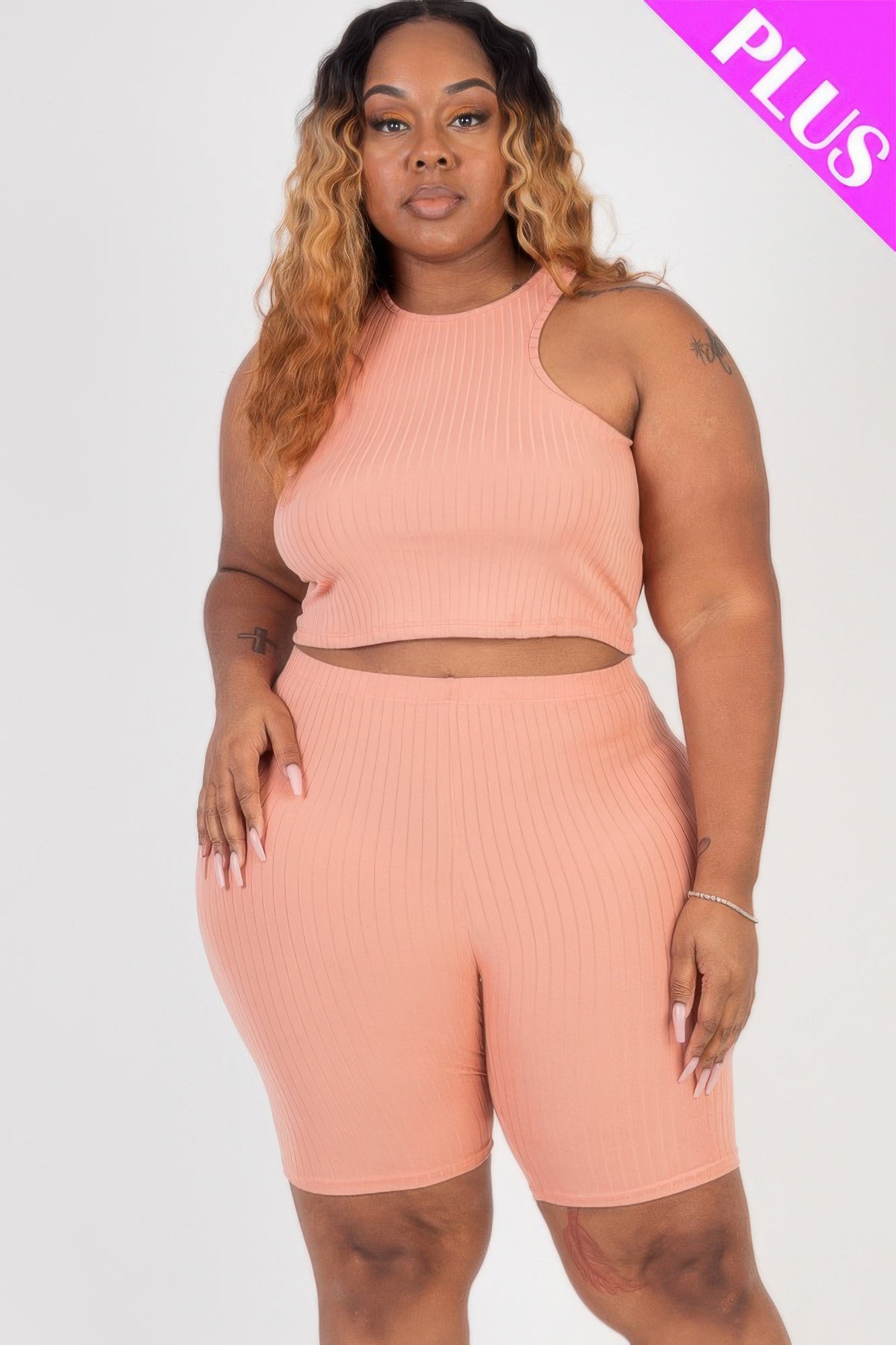 Plus Size Ribbed Cropped Tank Top And Biker Shorts Set