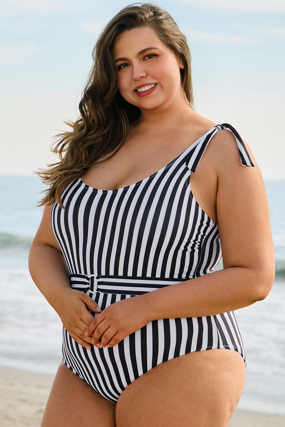 Black Stripe Plus Size Self Tie Straps O-Ring Waistband One Piece Swimsuit