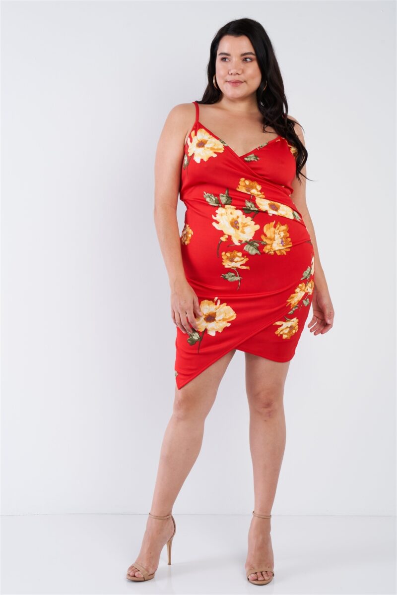 Plus Size Floral Print V-neck Cinched Size Chic Mini Dress - Image 2