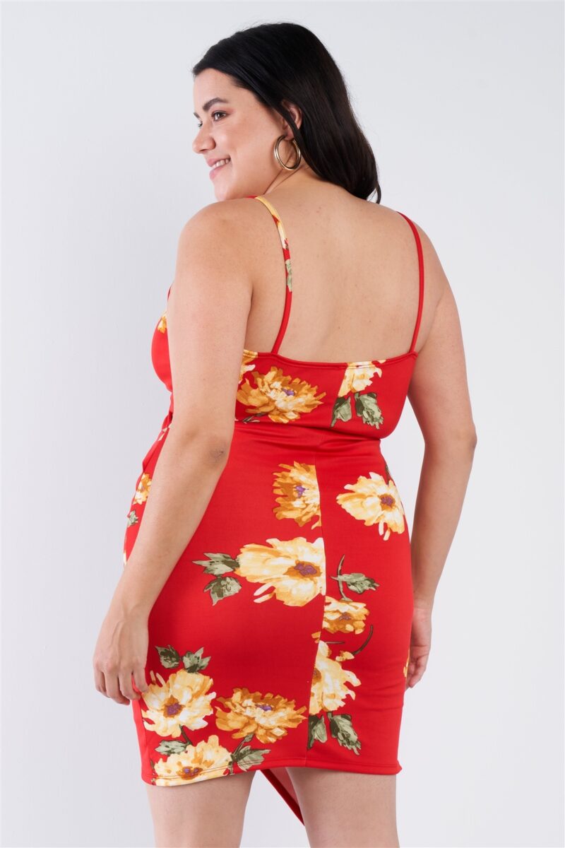 Plus Size Floral Print V-neck Cinched Size Chic Mini Dress - Image 4