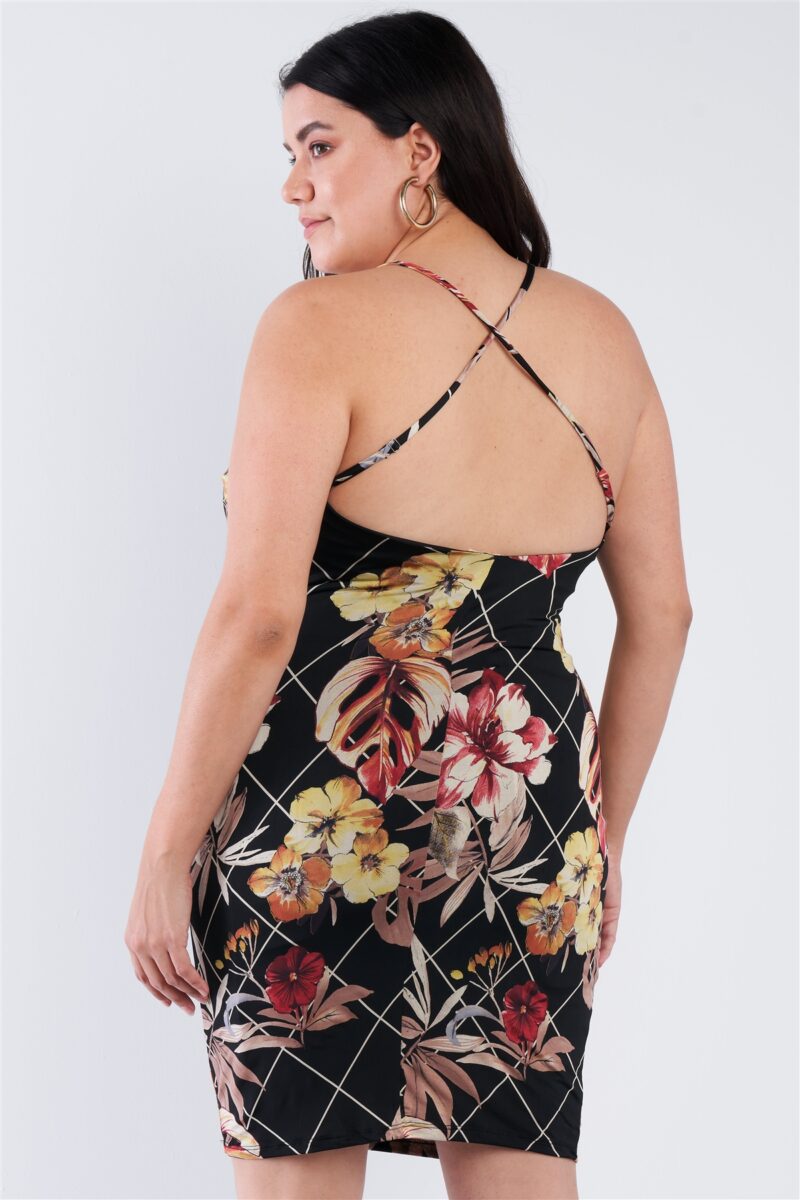 Plus Size Criss-cross Open Back Mini Floral Print Dress - Image 4