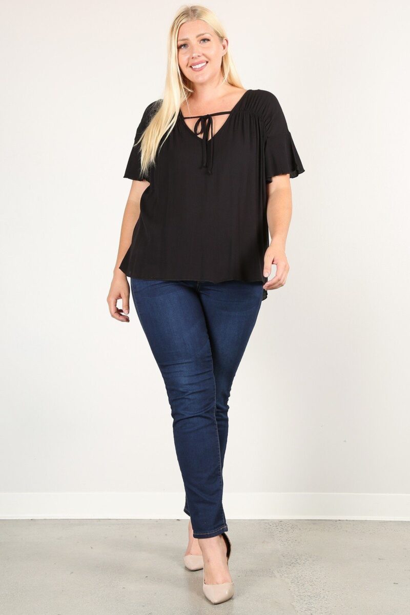 Plus Size Solid Top With A Necktie, Pleated Detail, And Flutter Sleeves - Image 2