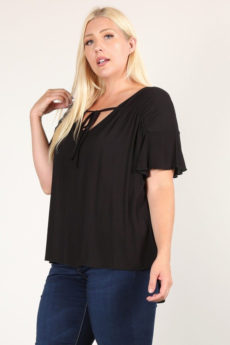 Plus Size Solid Top With A Necktie, Pleated Detail, And Flutter Sleeves - Image 3