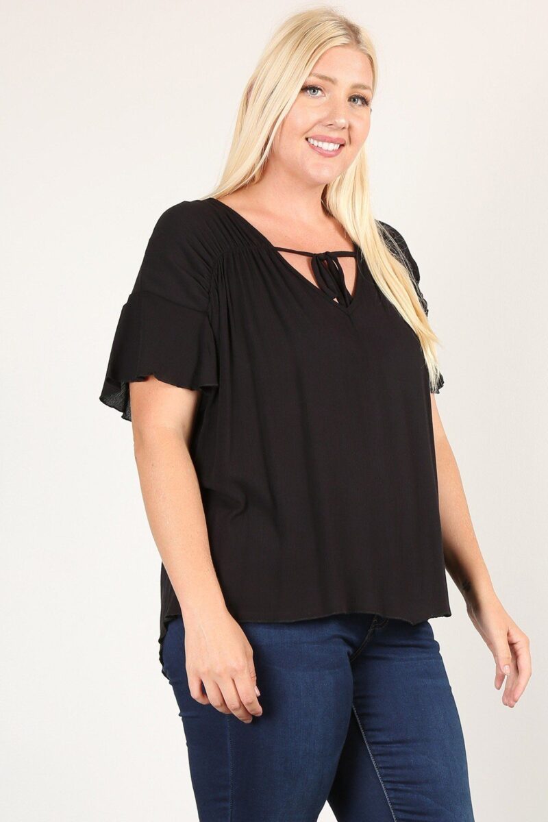 Plus Size Solid Top With A Necktie, Pleated Detail, And Flutter Sleeves - Image 4