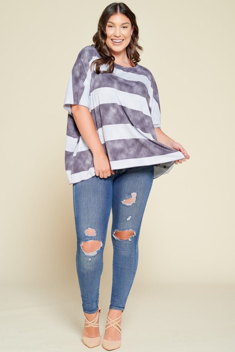 Stripe Printed Pleated Blouse Featuring A Boat Neckline And 1/2 Sleeves - Image 2