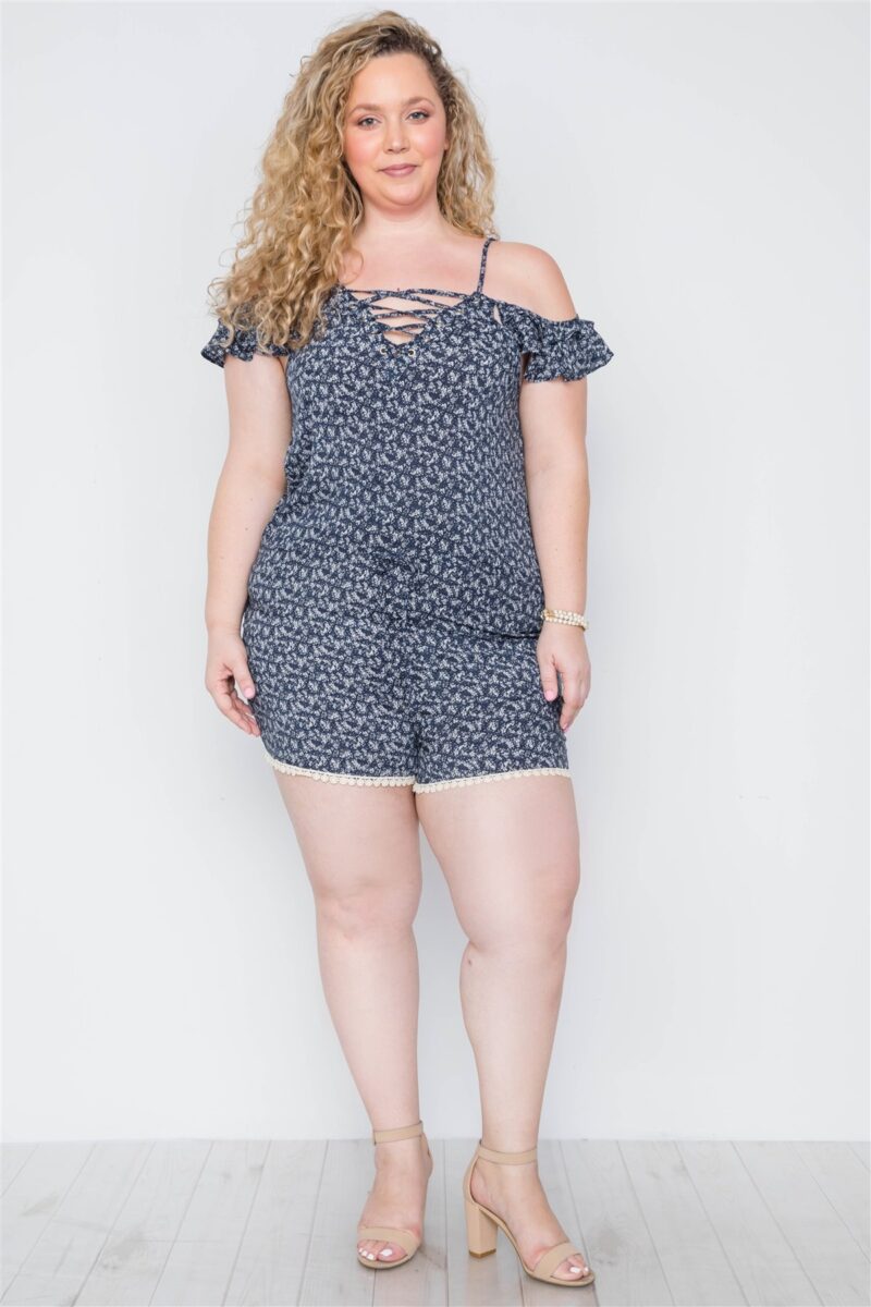 Plus Size Navy Floral Print Lace Up Romper - Image 2