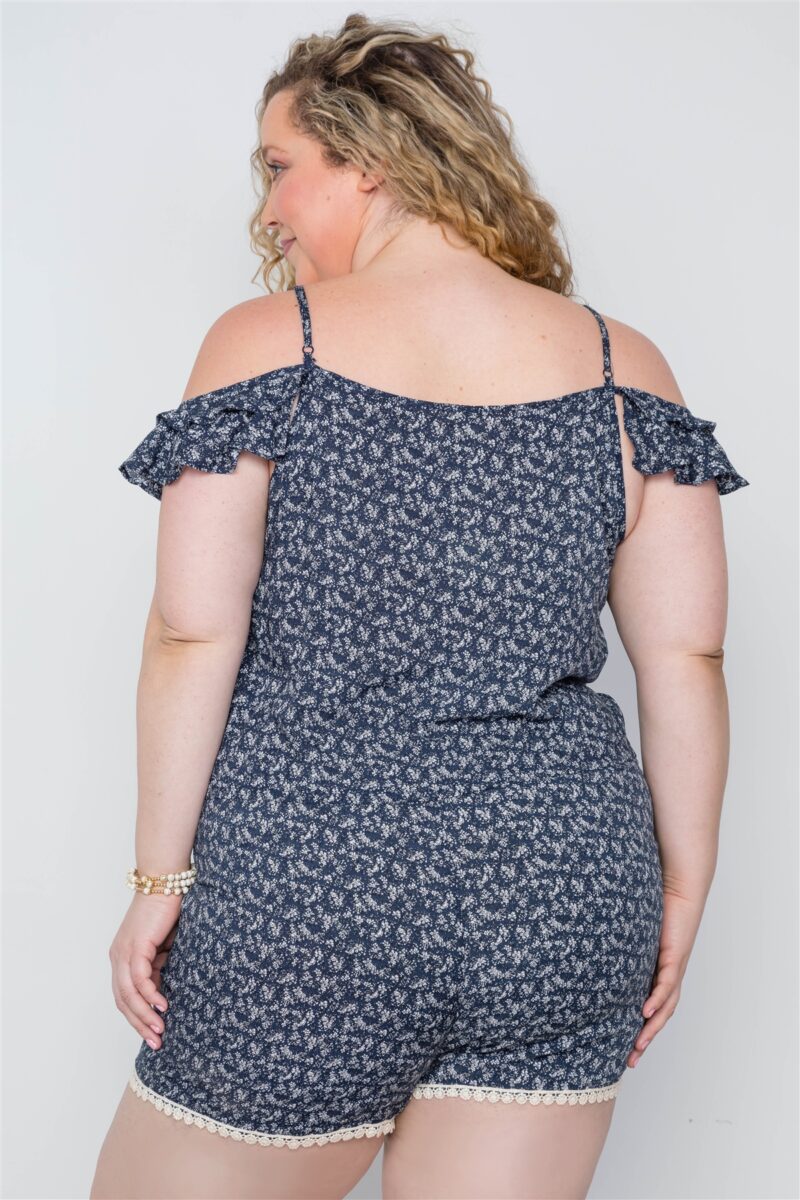 Plus Size Navy Floral Print Lace Up Romper - Image 4