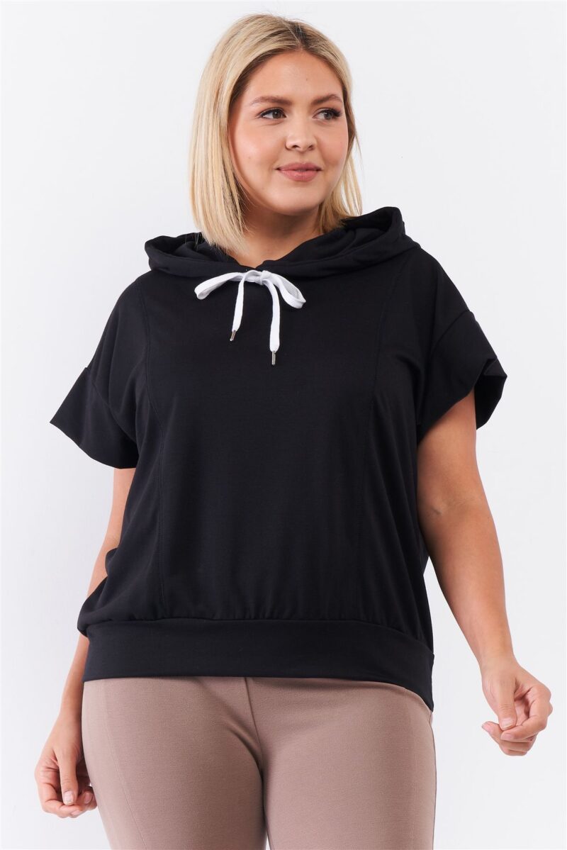 Black Short Wing Sleeve Relaxed Fit White Draw String Tie Hood Detail Top - Image 3