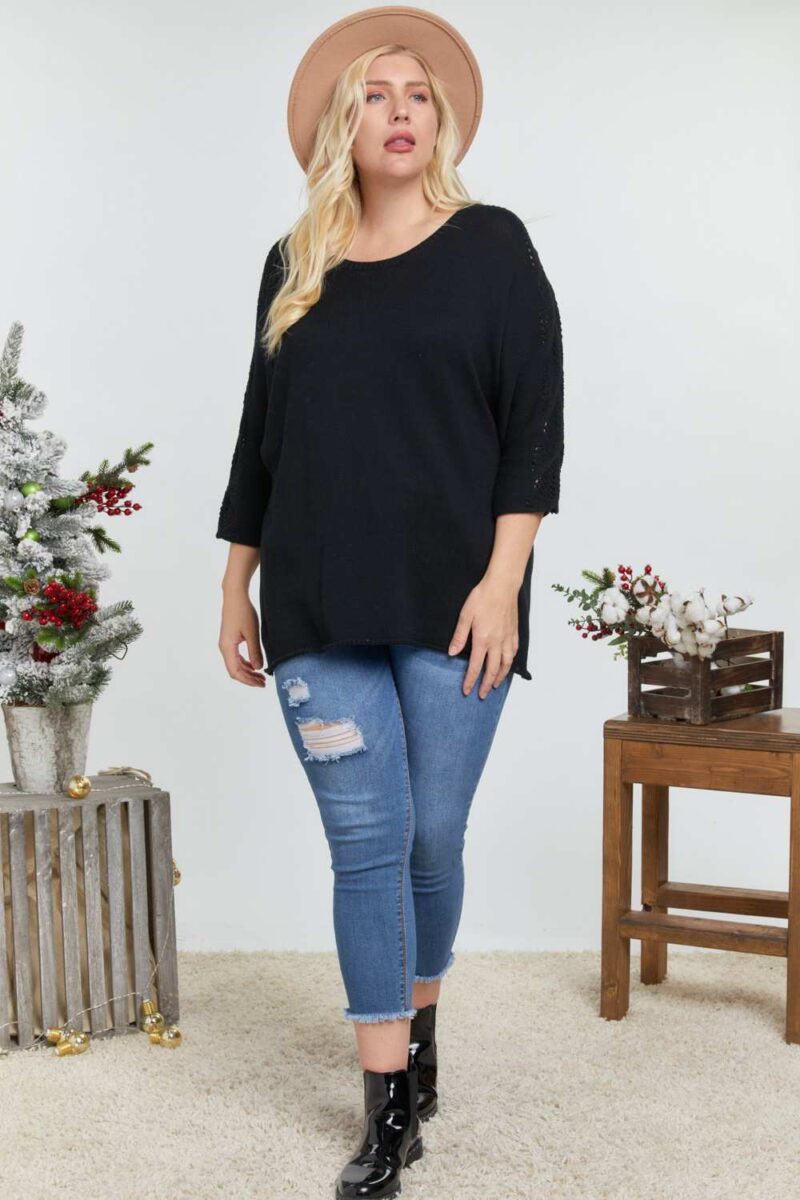 Solid Round Neck 3/4 Sleeve Sweater Top - Image 2