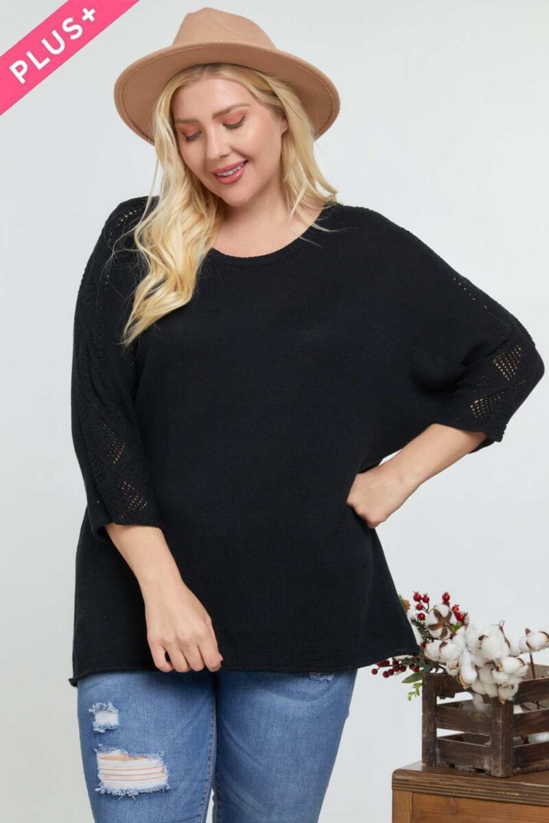 Solid Round Neck 3/4 Sleeve Sweater Top - Image 3