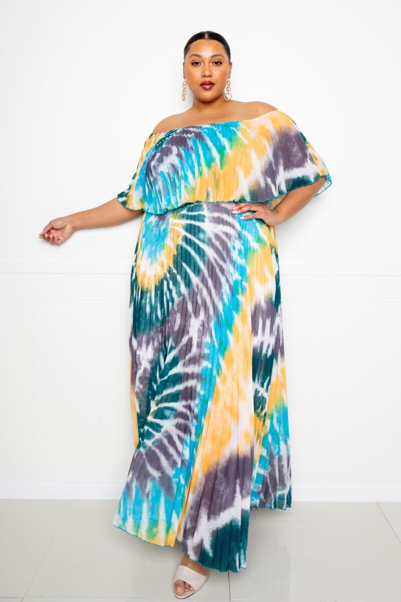 Tie Dye Off Shoulder Pleated Maxi Dress - Image 2