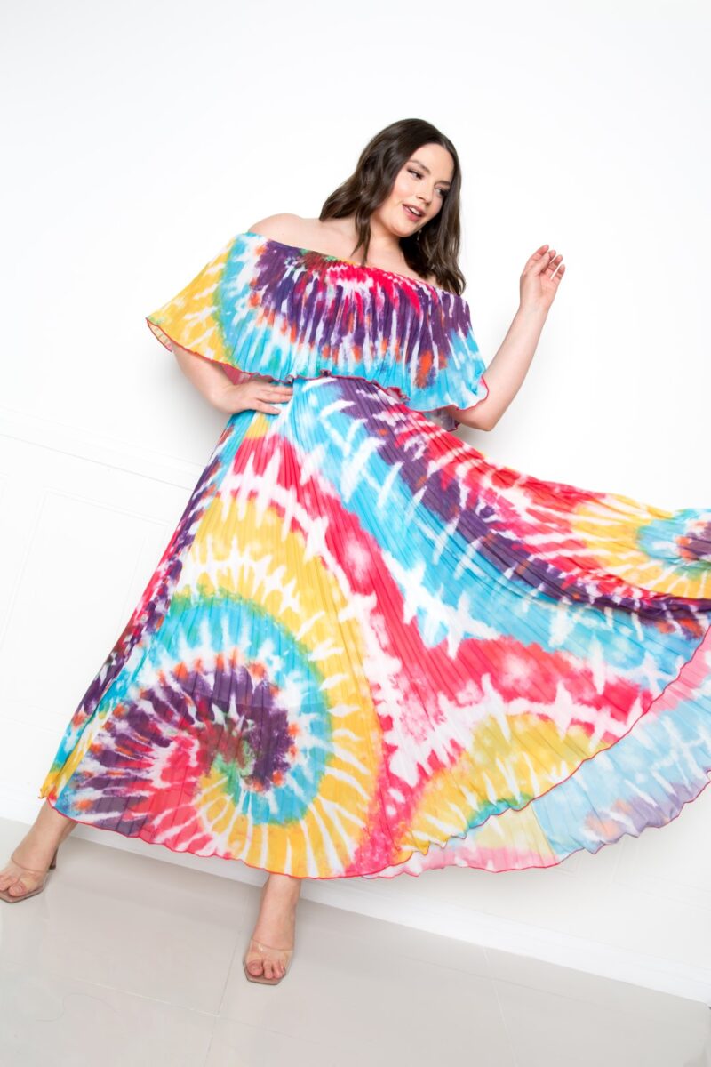 Tie Dye Off Shoulder Pleated Maxi Dress - Image 2