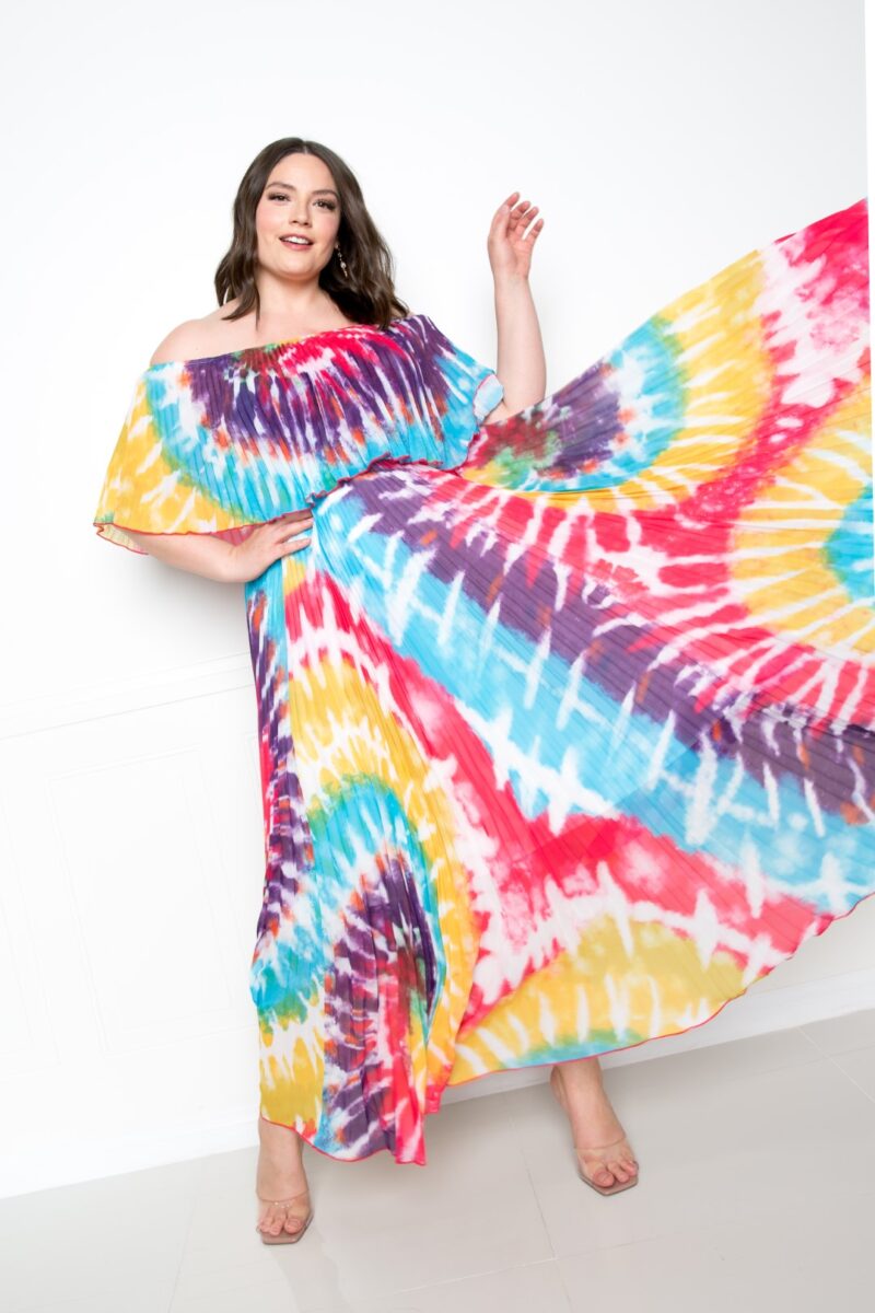 Tie Dye Off Shoulder Pleated Maxi Dress - Image 3