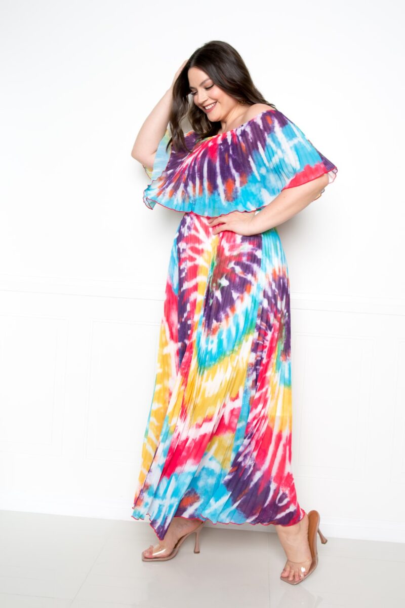 Tie Dye Off Shoulder Pleated Maxi Dress - Image 5