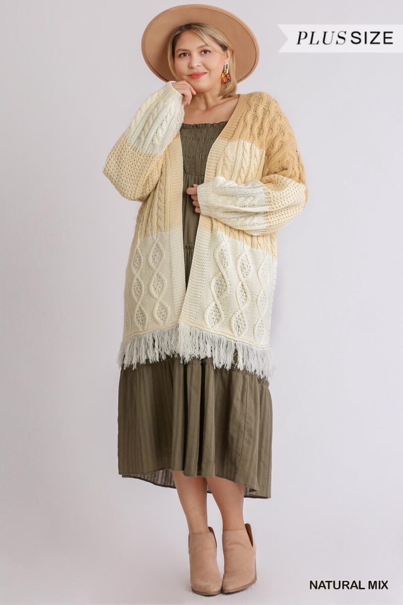 Patchwork Knitted Open Front Cardigan Sweater With Frayed Hem