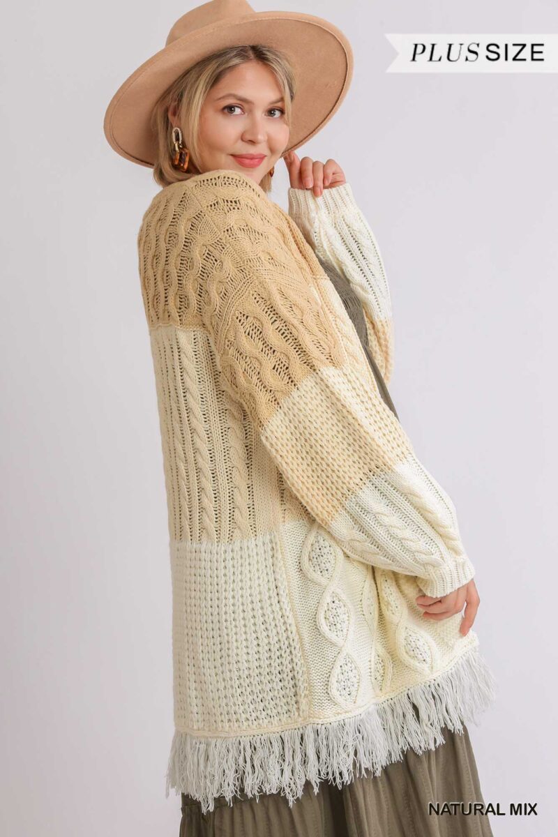 Patchwork Knitted Open Front Cardigan Sweater With Frayed Hem - Image 3