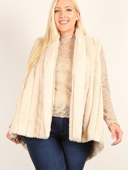 Plus Size Faux Fur Vest Jacket With Open Front, Hi-lo Hem, And Pockets