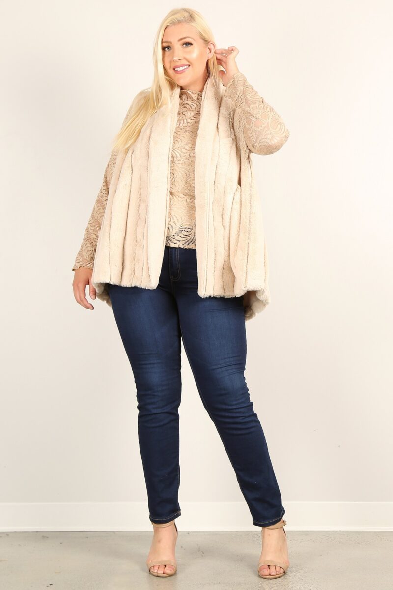 Plus Size Faux Fur Vest Jacket With Open Front, Hi-lo Hem, And Pockets - Image 2