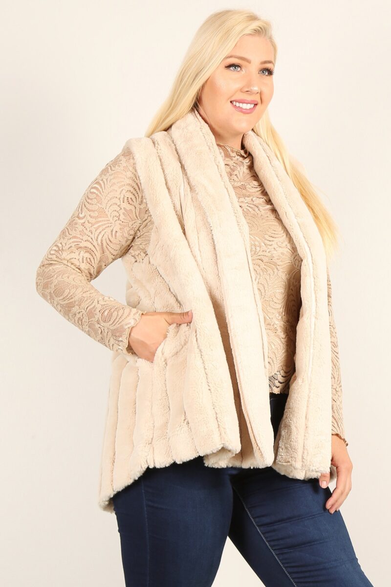 Plus Size Faux Fur Vest Jacket With Open Front, Hi-lo Hem, And Pockets - Image 4