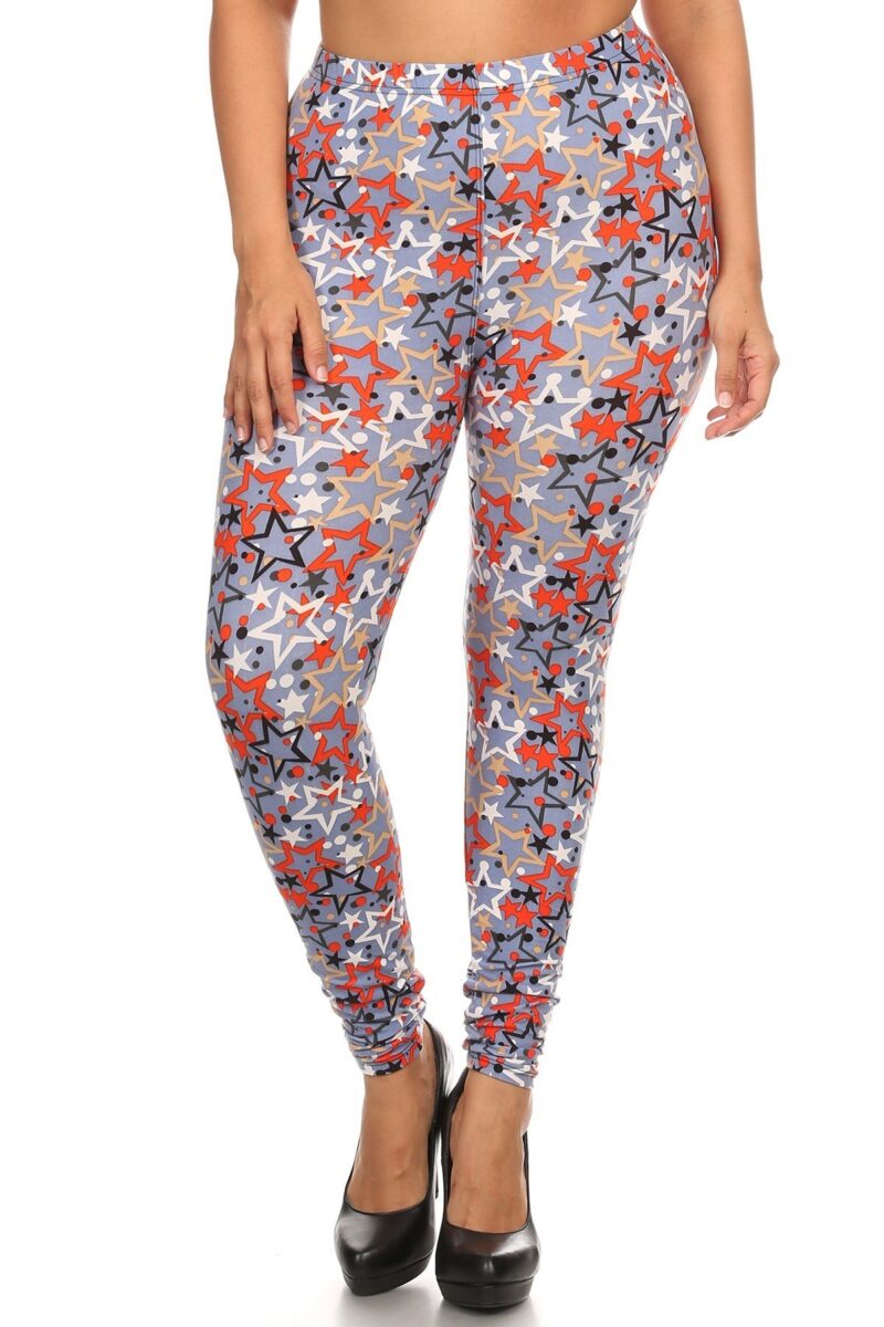 Plus Size Star Print, Full Length Leggings In A Slim Fitting Style With A Ba...