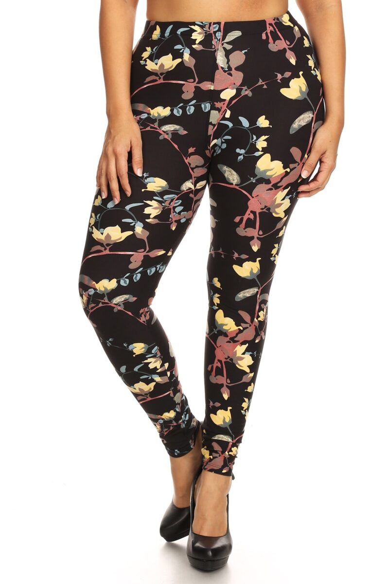 Plus Size Floral Print, Full Length Leggings In A Slim Fitting Style With A ...