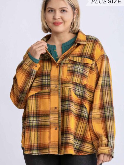 Plaid Collar Button Down Overshirt With Front Pockets