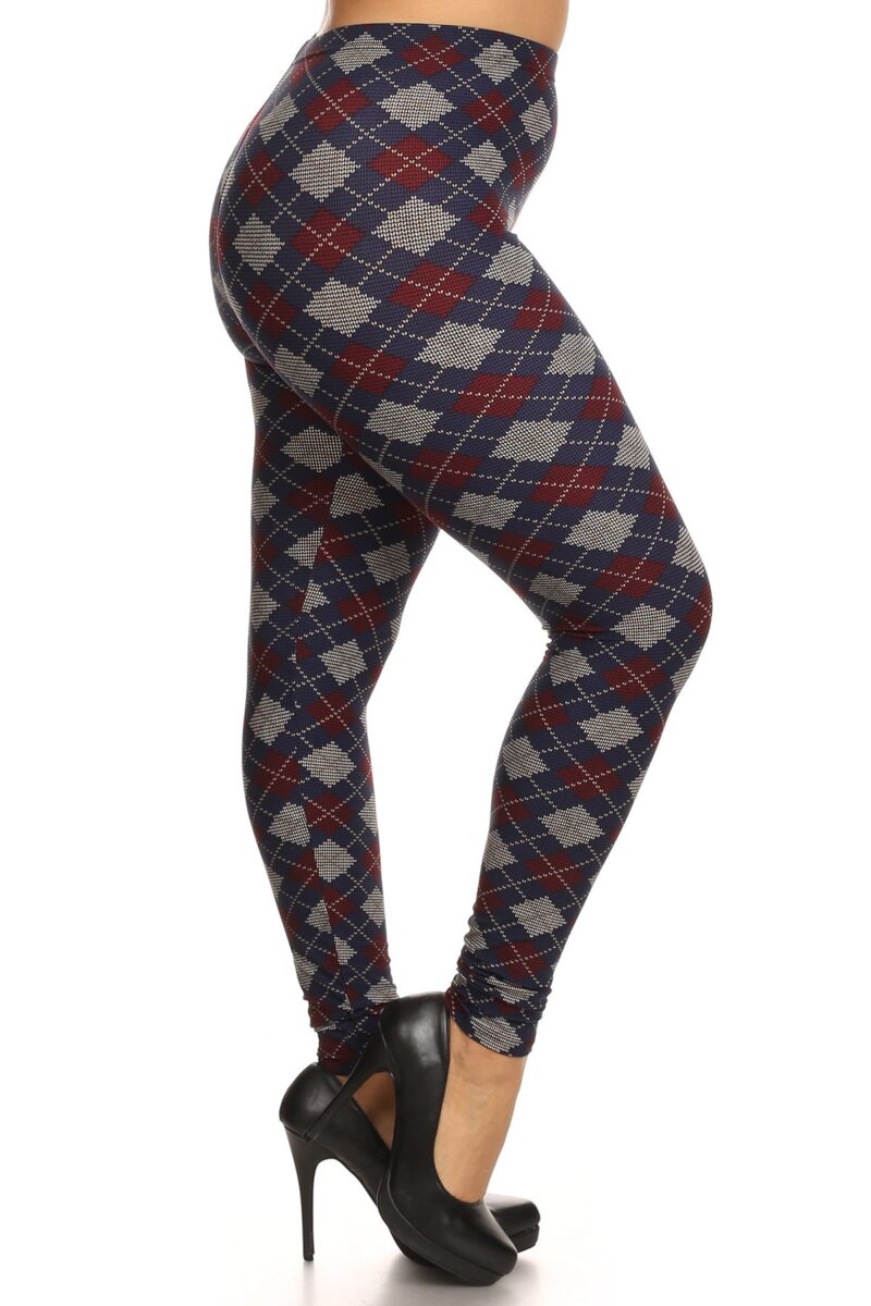 Plus Size Plaid Graphic Printed Knit Legging With Elastic Waist Detail - Image 2