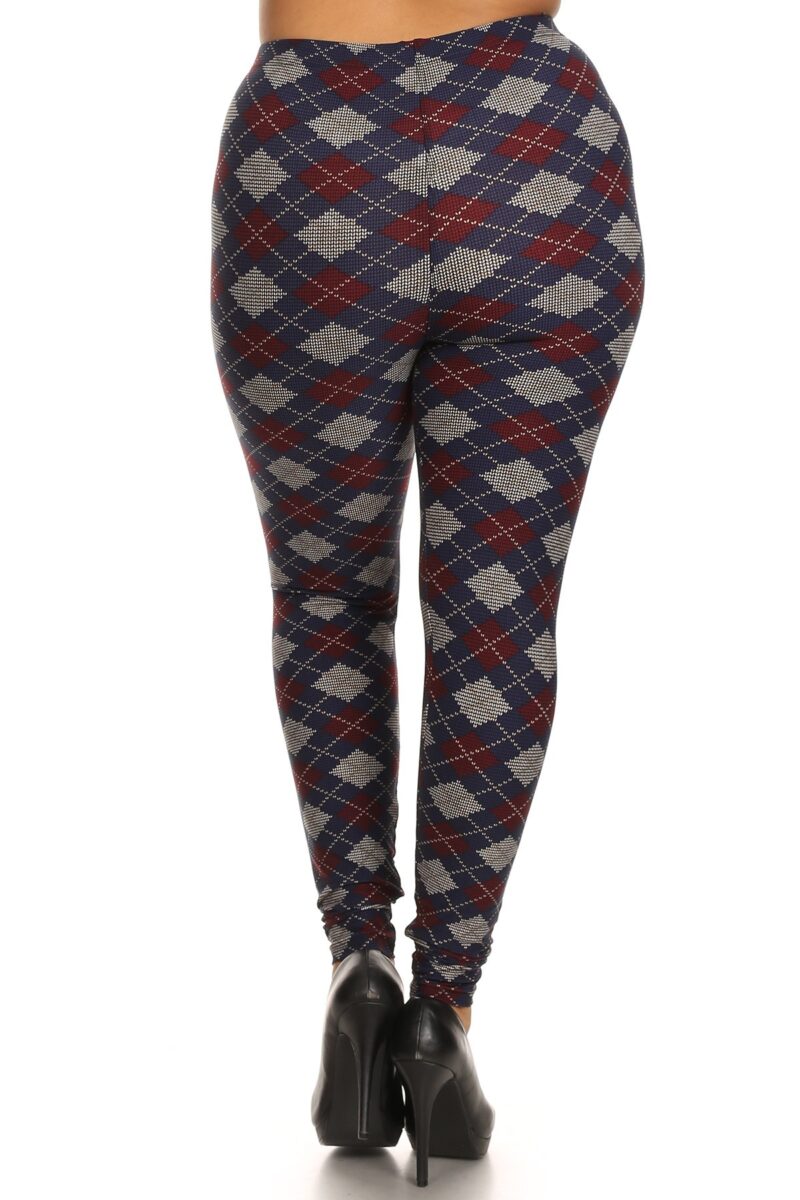 Plus Size Plaid Graphic Printed Knit Legging With Elastic Waist Detail - Image 3