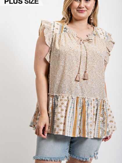 Woven Prints Mixed And Sleeveless Flutter Top With Tassel Tie