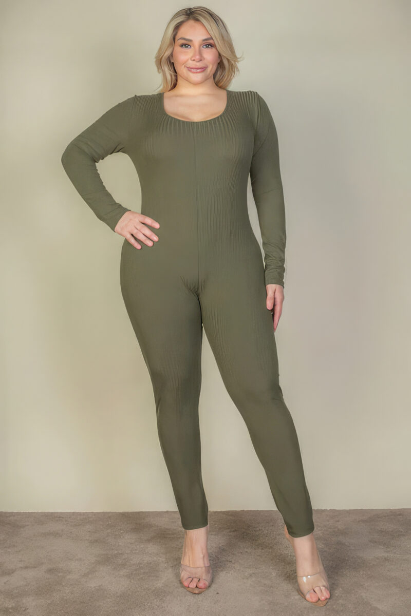 Plus Size Ribbed Scoop Neck Long Sleeve Jumpsuit - Image 2