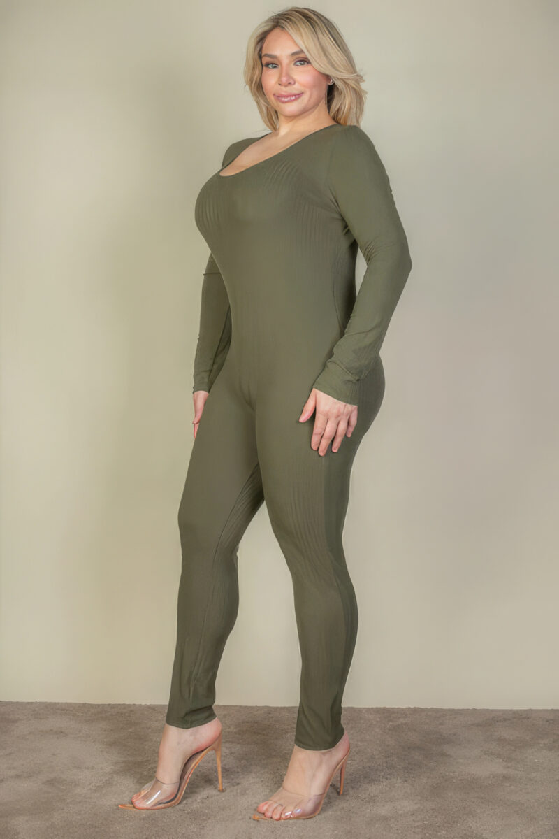 Plus Size Ribbed Scoop Neck Long Sleeve Jumpsuit - Image 3