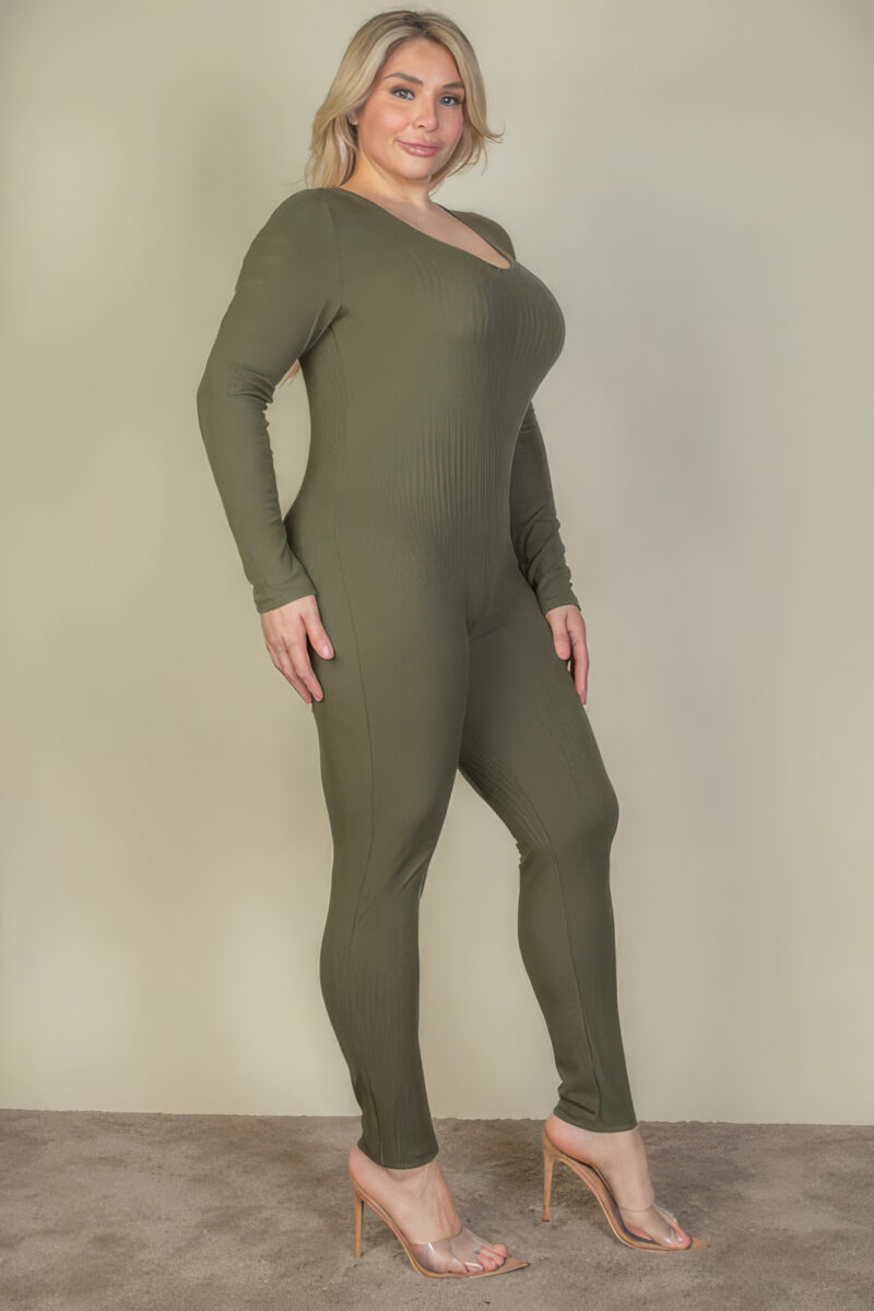 Plus Size Ribbed Scoop Neck Long Sleeve Jumpsuit - Image 4