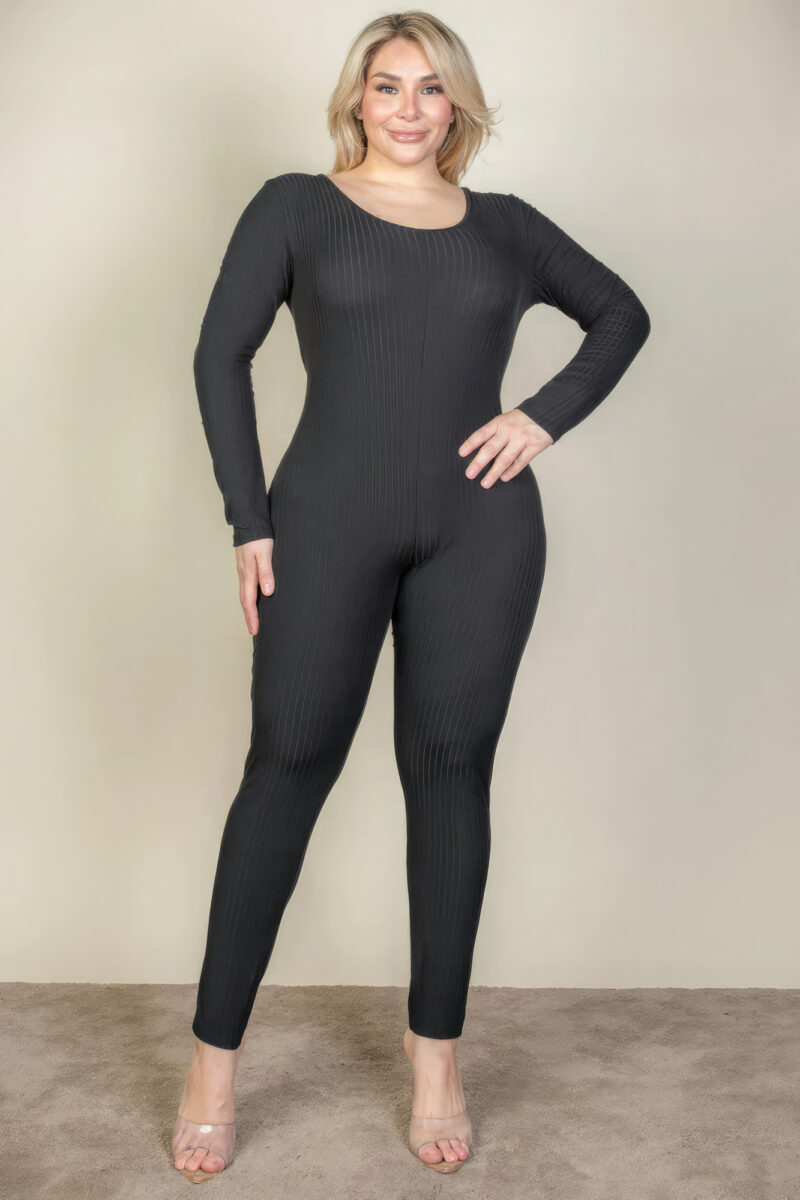 Plus Size Ribbed Scoop Neck Long Sleeve Jumpsuit - Image 2