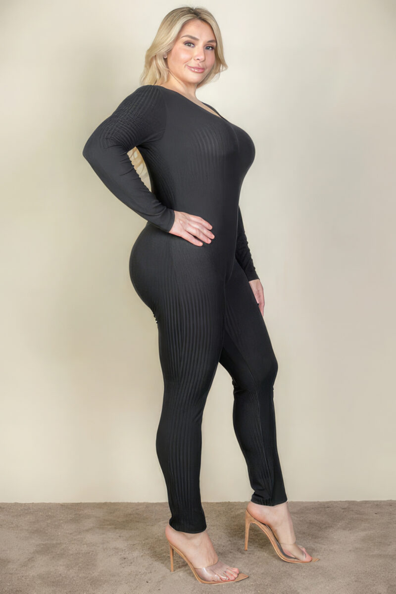 Plus Size Ribbed Scoop Neck Long Sleeve Jumpsuit - Image 4