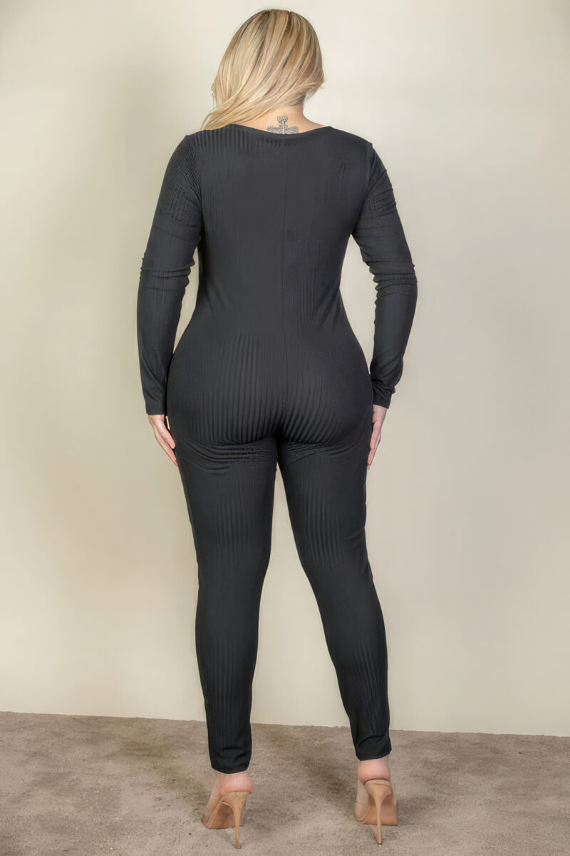 Plus Size Ribbed Scoop Neck Long Sleeve Jumpsuit - Image 5