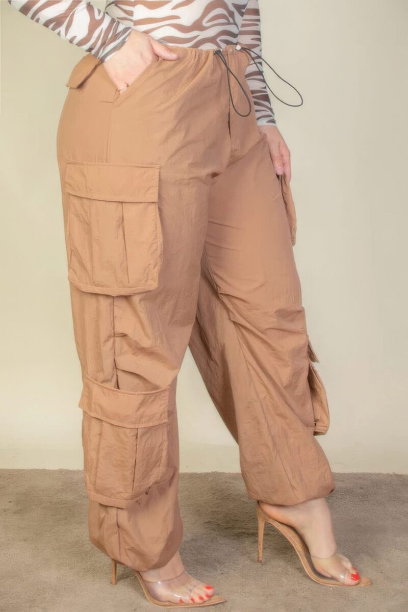 Plus Size Flap Pockets Drawstring Ruched Parachute Pants - Image 3