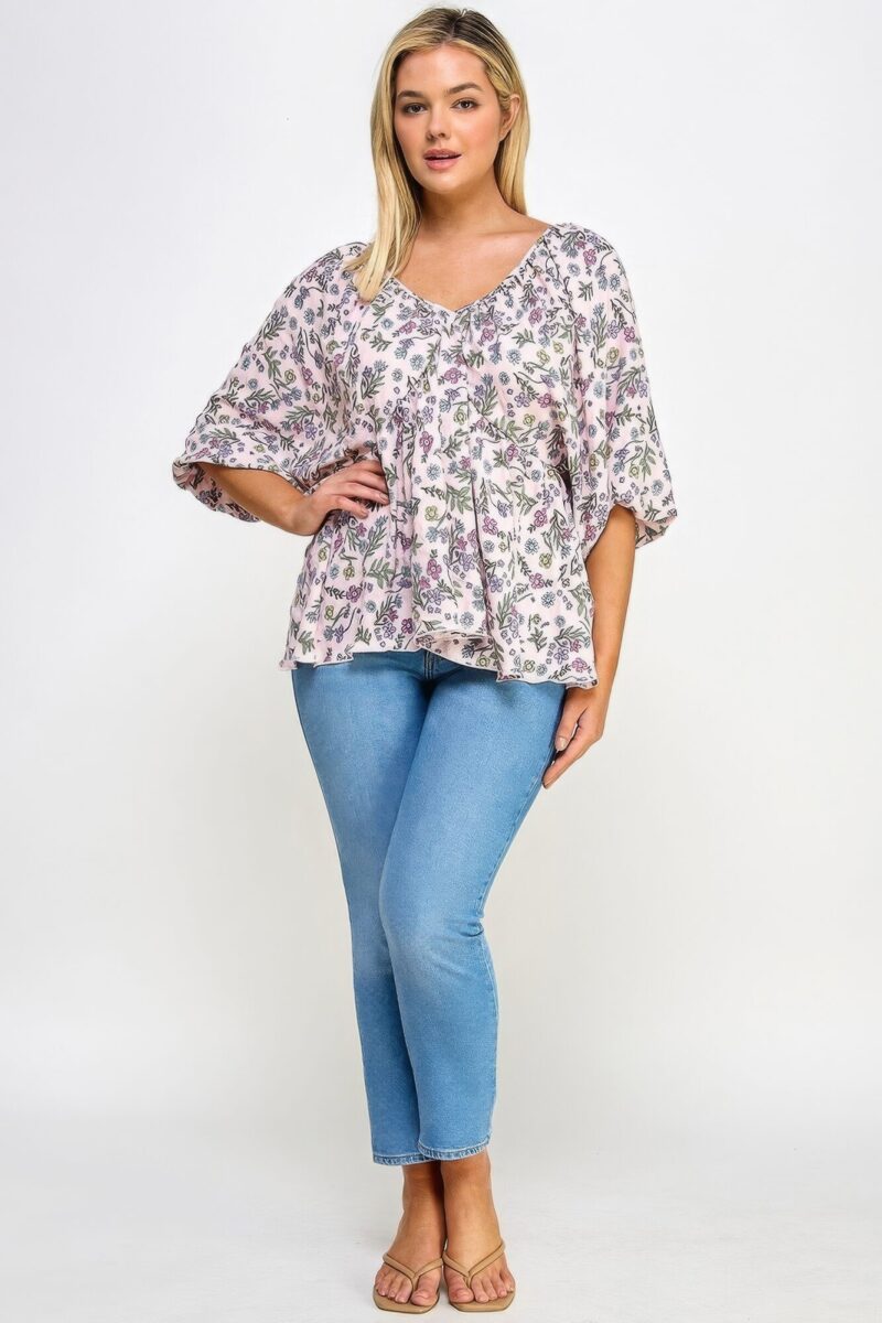 Floral V-neck Babydoll Balloon Slv Top - Image 2