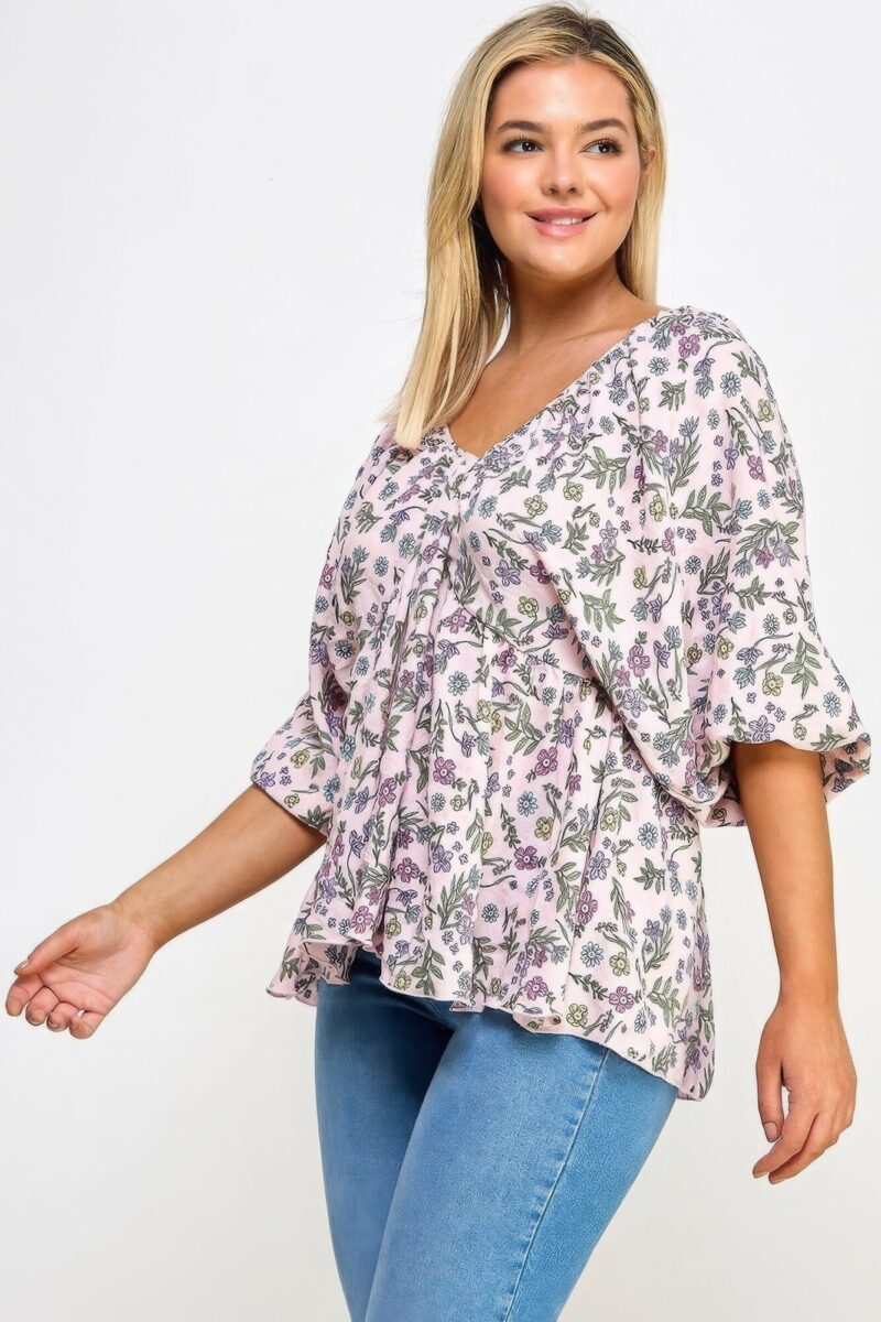 Floral V-neck Babydoll Balloon Slv Top - Image 3