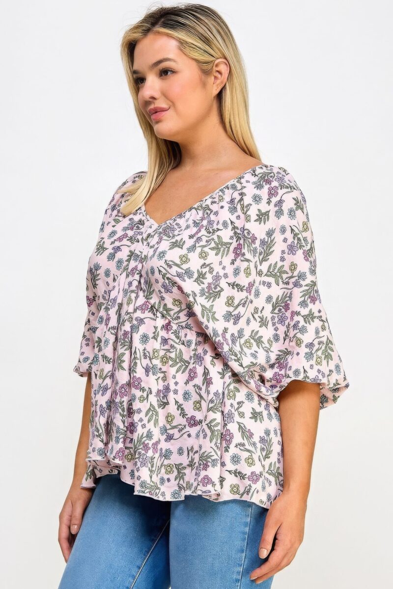 Floral V-neck Babydoll Balloon Slv Top - Image 4