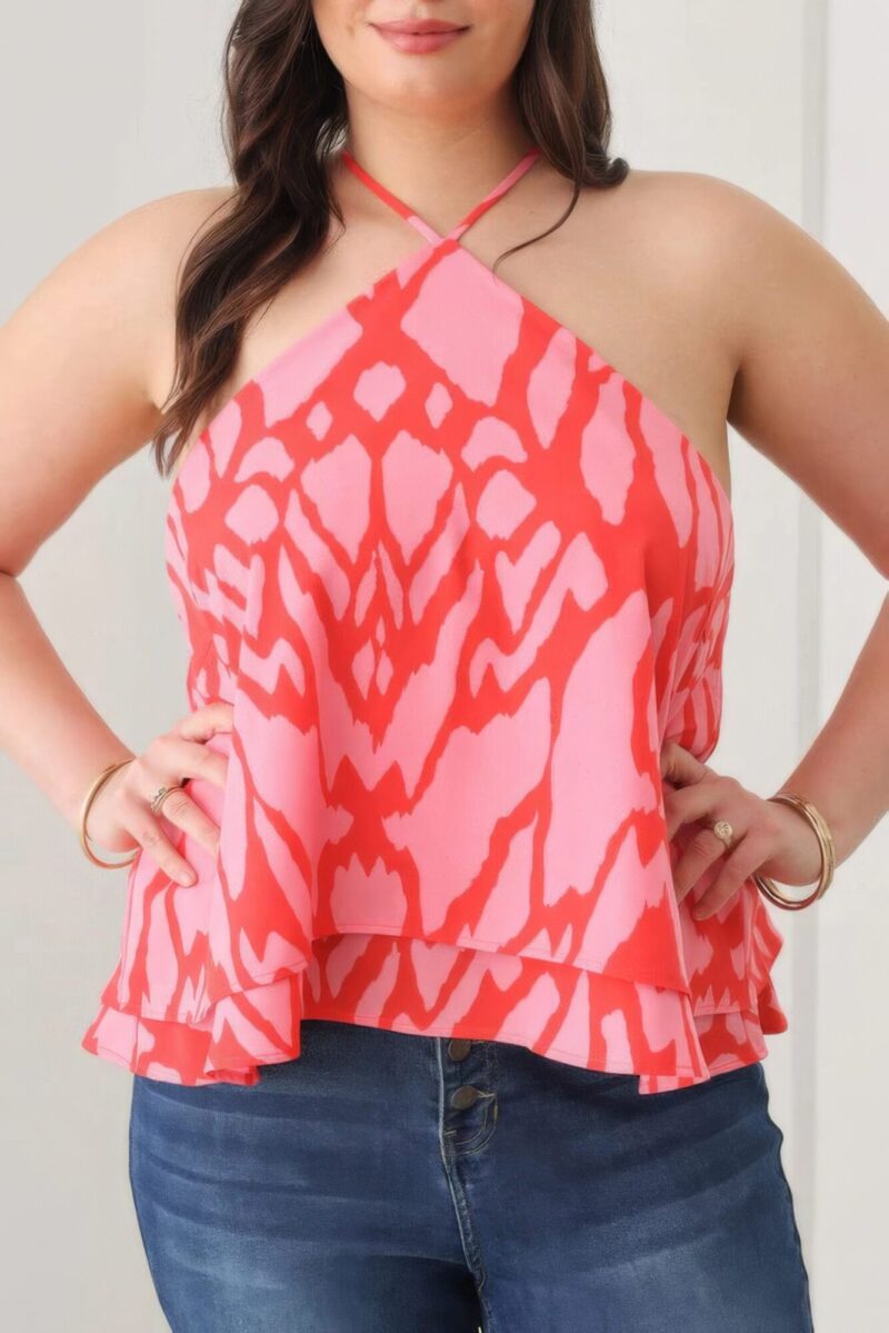 Plus Size Abstract Print Halter Ruffle Hem Top - Image 4