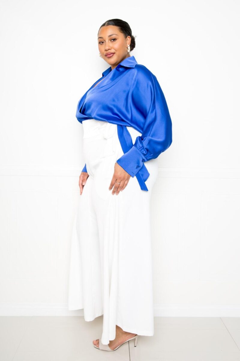 Satin Long Sleeve Tie Waist Wrap Top - Image 3