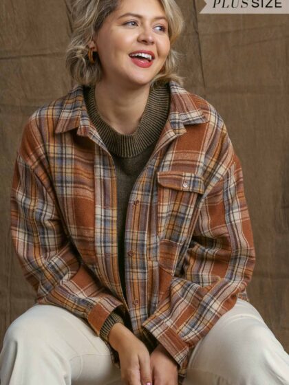 Plaid Collar Button Down Overshirt With Front Pockets