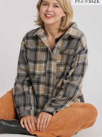 Plaid Collar Button Down Overshirt With Front Pockets