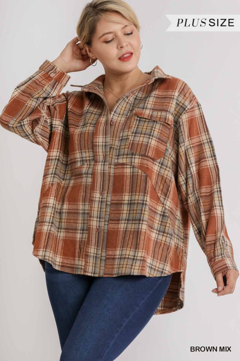 Plaid Collar Button Down Overshirt With Front Pockets - Image 2