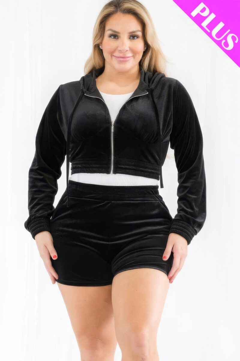 Plus Size Velour Crop Zip Up Hoodie And Shorts Set - Image 16