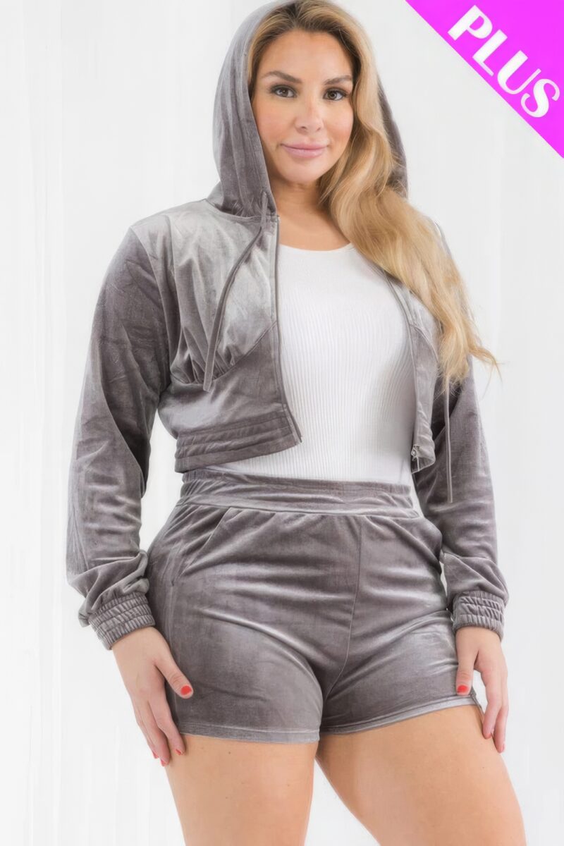 Plus Size Velour Crop Zip Up Hoodie And Shorts Set - Image 13